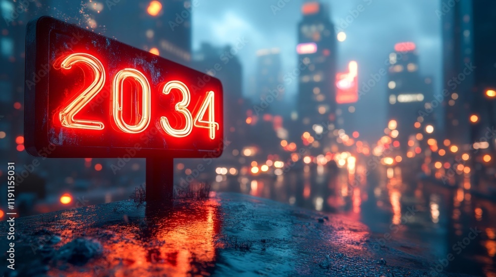 Neon 2034 Sign with Urban Festivity. Generative AI Neon 2034 Sign with Urban Festivity. Generative AI