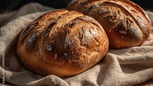 Freshly Baked Artisan Bread Loaves on a Rustic Cloth, Highlighting the Warmth and Comfort of Homemade Baking for Culinary photo