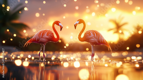 Two flamingos elegantly poised near a reflective pond under gentle rain, showcasing their vibrant colors and the beauty of their romantic connection amidst natureâs peaceful backdr photo