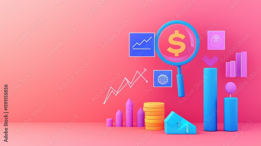 magnifying word in business concept. Financial analysis with charts and graphs magnifying word in business concept. Financial analysis with charts and graphs