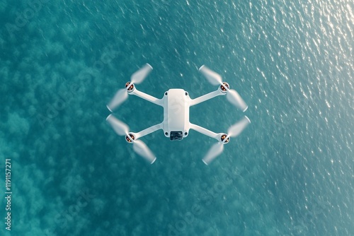 A drone is seen soaring high above an expanse of crystal clear blue water. The tranquil surface reflects the sunlight, creating a picturesque atmosphere perfect for aerial photography photo