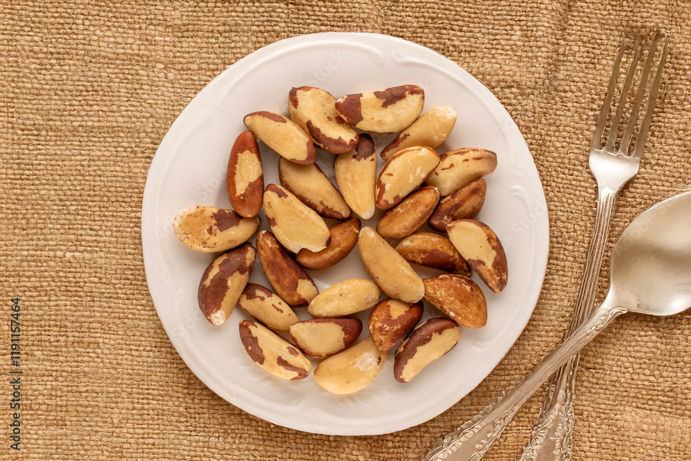 Generated Image. Brazil nuts without shells on a white ceramic plate on a jute cloth, close-up, top view. Generated Image. Brazil nuts without shells on a white ceramic plate on a jute cloth, close-up, top view.