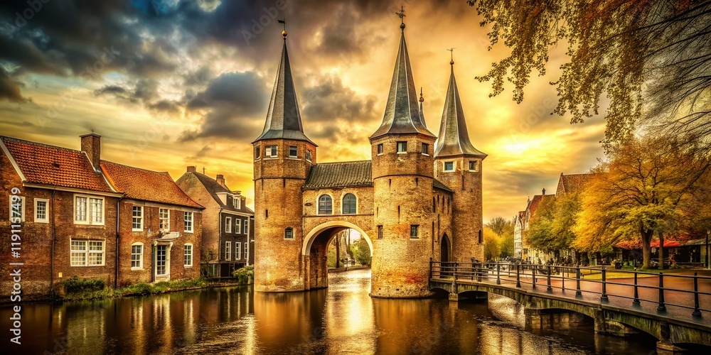 Fototapeta premium Vintage Delft Oostpoort: Historic City Gate, Netherlands