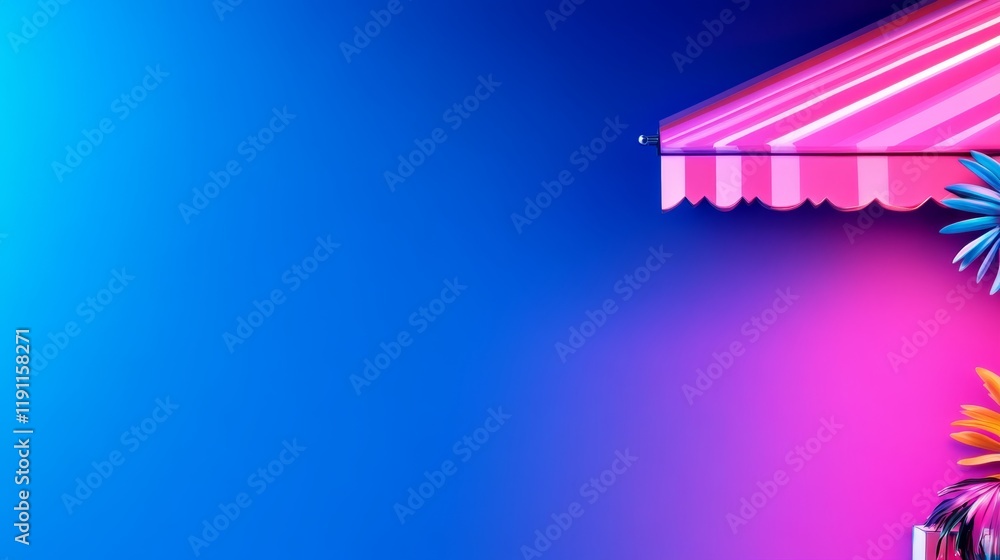 Obraz premium A vibrant graphic featuring a colorful awning and floral elements against a blue background.