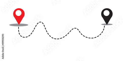 Dot line path route travel banner illustration with location map pin icon. Route location icon two pin sign and dotted line.