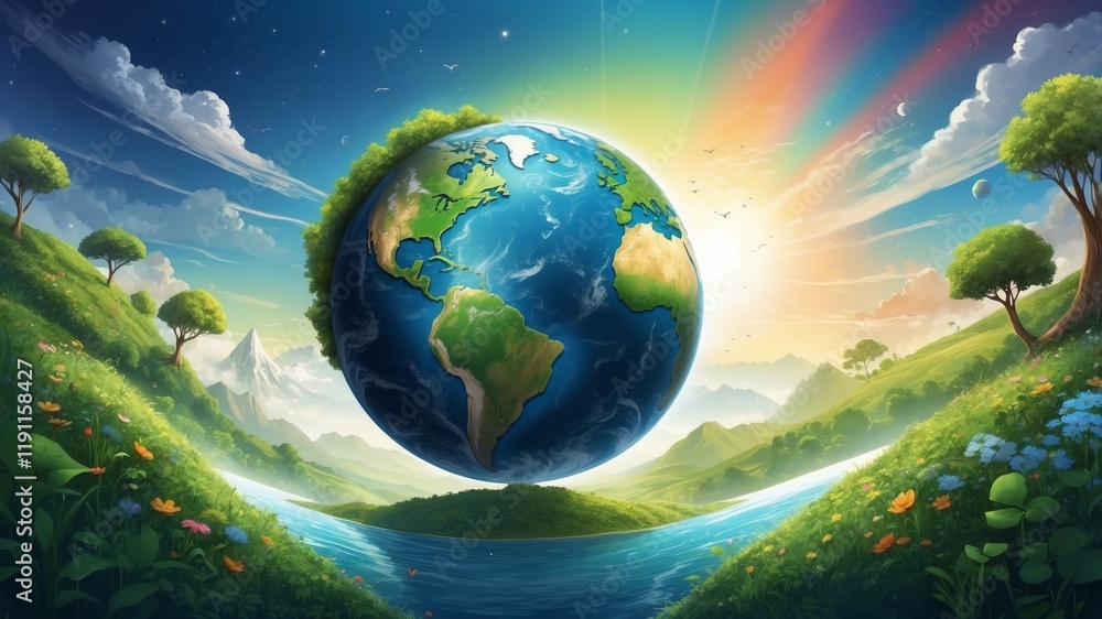 Vibrant scene of a glowing Earth amid lush greenery and bright sunlight Vibrant scene of a glowing Earth amid lush greenery and bright sunlight