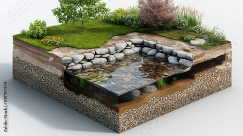 Cross-section diagram illustrating the construction of an artificial pond, highlighting the different layers involved, including soil, gravel, and a waterproof liner