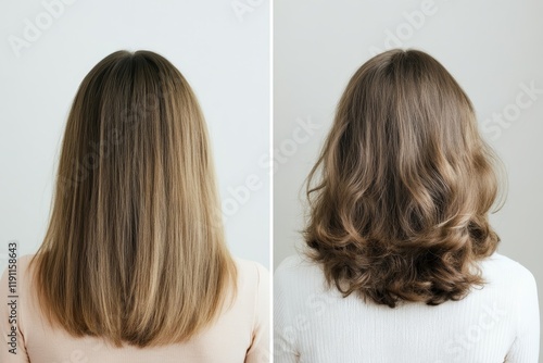 Transforming hair texture from straight and sleek to bouncy curls in a stylish salon photo