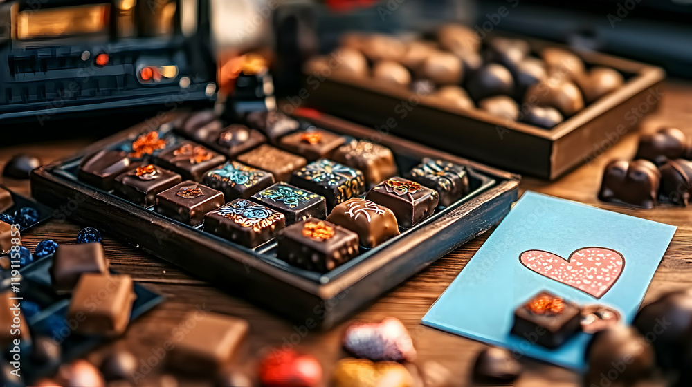 Assorted gourmet chocolates in wooden boxes with a heart-shaped card. Assorted gourmet chocolates in wooden boxes with a heart-shaped card.