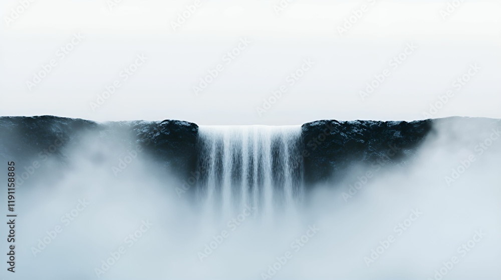 Hidden waterfall serenity concept. Majestic waterfall cascading through foggy cliffs in serene landscape.