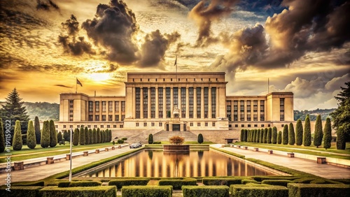 Vintage Geneva Palace of Nations, UN Headquarters, Switzerland - September 2017