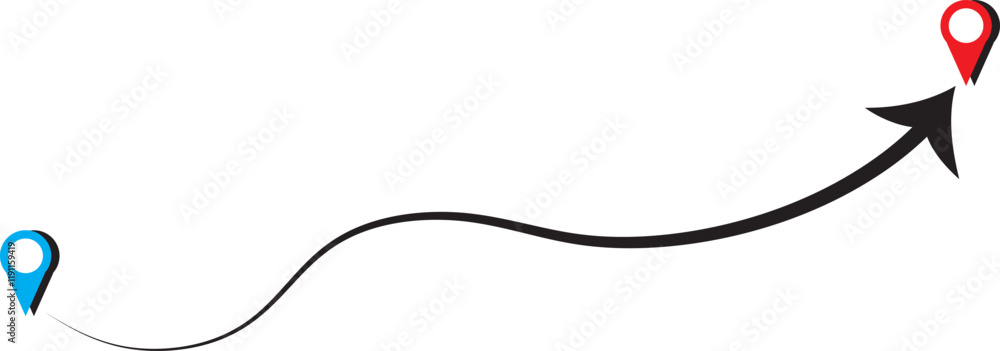Route location icon, map pin sign and road or path, start and end journey symbol, illustration isolated on white background Route location icon, map pin sign and road or path, start and end journey symbol, illustration isolated on white background