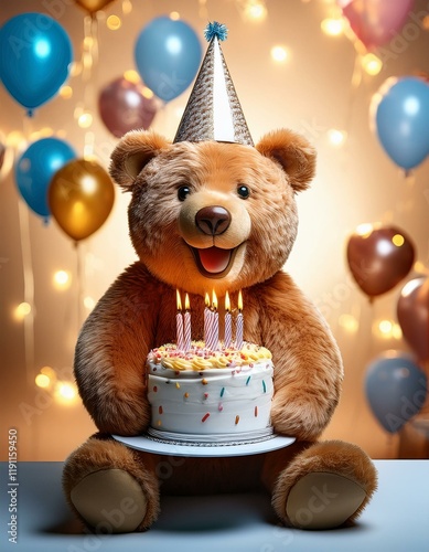 Generated image A cheerful teddy bear in a party hat is joyfully holding a birthday cake