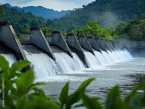 Dam with Waterfall on the River. Hydroelectric dam during Spring runoff, full water. Water rushing out of opened gates of hydro electric power dam. Concrete foothill and wall. Renewable energy systems photo