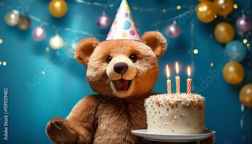 Generated image A cheerful teddy bear in a party hat is joyfully holding a birthday cake