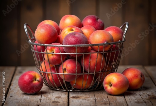 Peaches in metal basket on wooden table photo