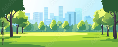 City park in summer. A beautiful park with trees and green grass against the backdrop of skyscrapers and office buildings. City park with lawn in metropolis, vector illustration.