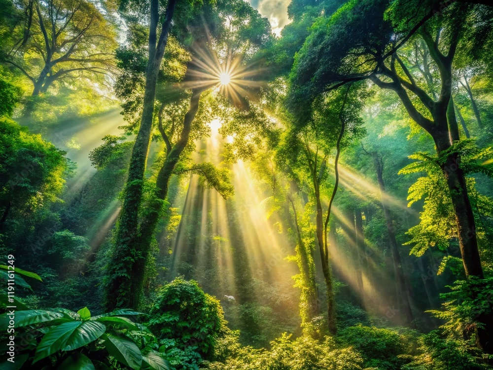 Fototapeta premium Vintage Jurassic Forest Sunbeams: Mystical Lush Green Canopy Stock Photo