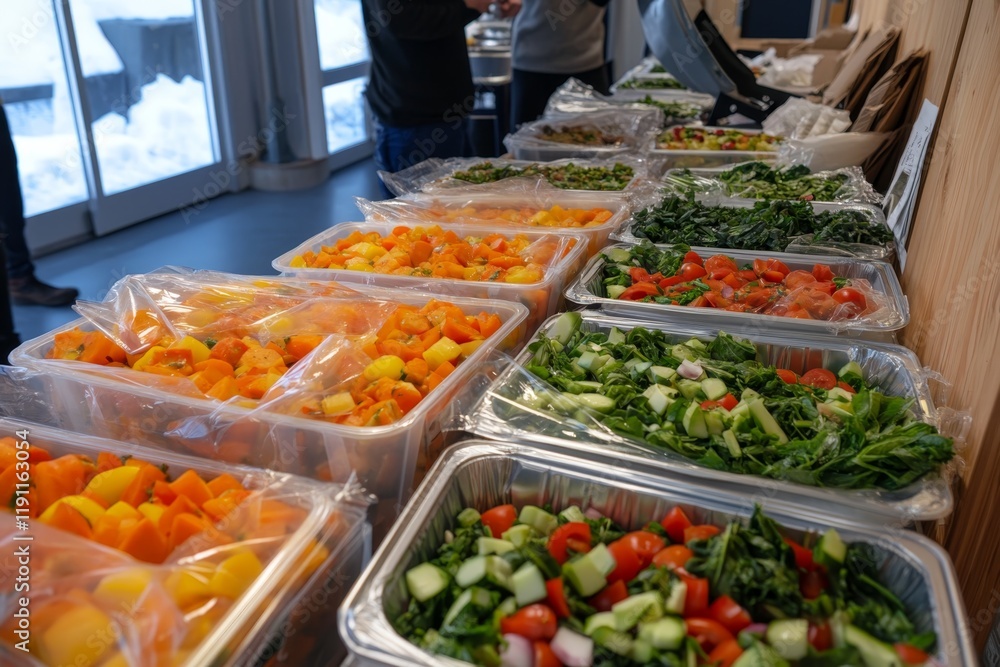 Obraz premium Freshly prepared vegetables displayed at a community event for healthy eating in winter