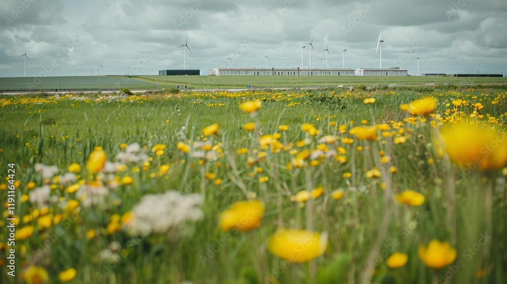 Obraz premium Innovative battery energy storage integrating wind turbines and solar panels in verdant grasslands