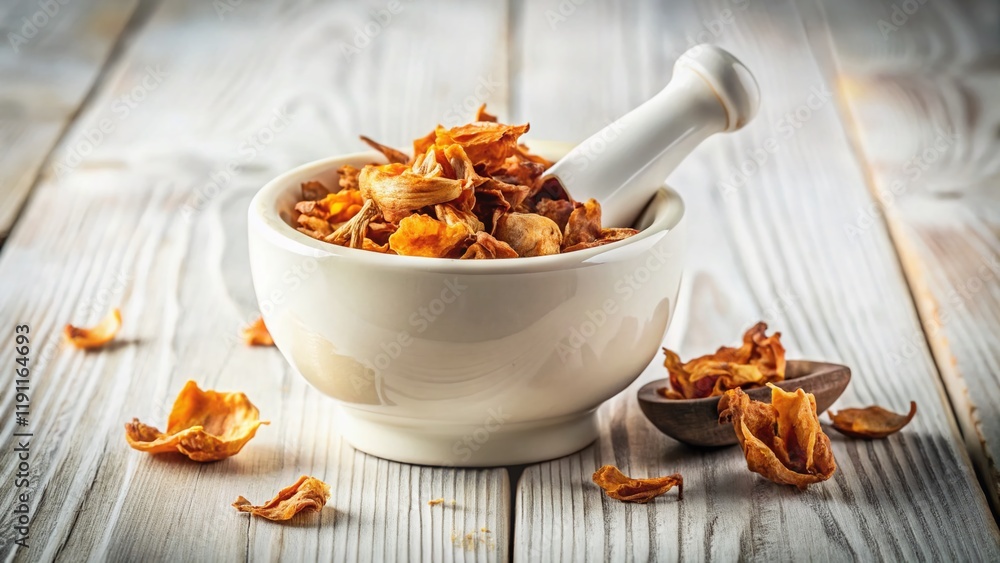 Fototapeta premium Vintage Photo: Close-up of Dried Mace Spice in White Mortar and Pestle