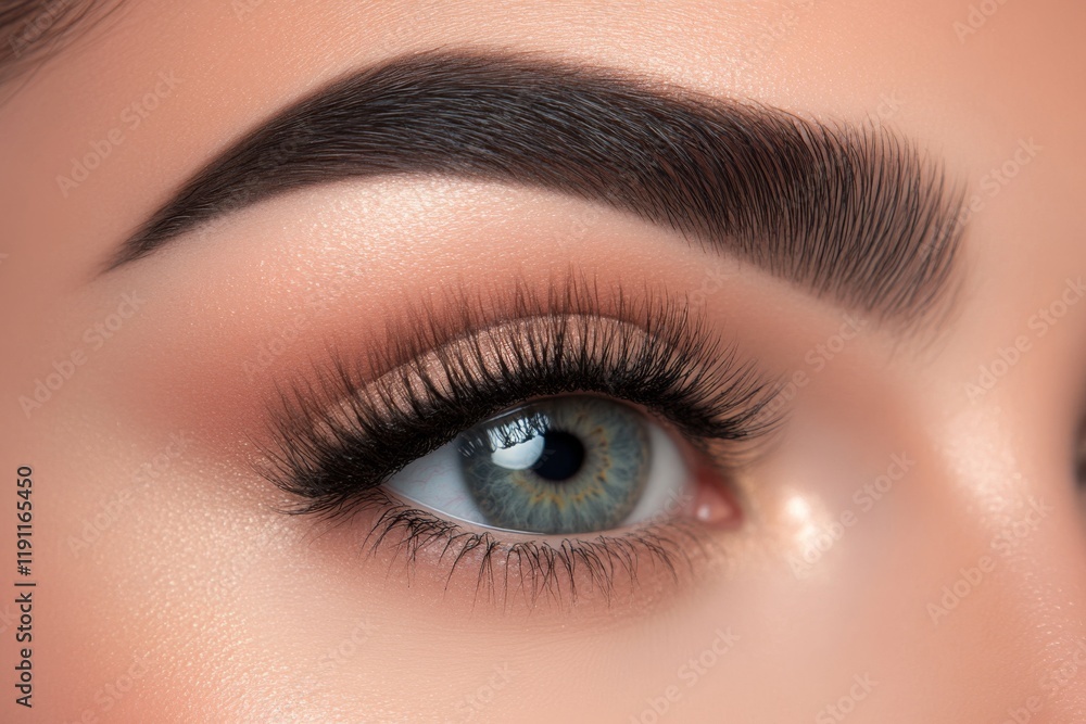 Obraz premium Close-Up Portrait of Young Woman's Beautiful Eye, Perfect Smooth Skin, Perfectly Shaped Eyebrow and Luscious Long Lashes. Beauty Products, Cosmetics, Make-Up. Advertisement of Eco Treatment, Skin Care