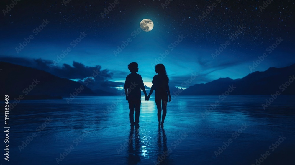 Fototapeta premium Silhouetted Couple Holding Hands Under Night Sky
