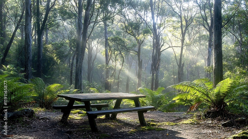 Sunbeams illuminate a wooden picnic table in a misty forest clearing. Sunbeams illuminate a wooden picnic table in a misty forest clearing.