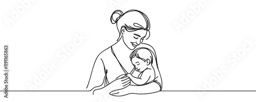 Happy Mother day card. Continuous one line drawing. Woman hold her baby. Vector illustration