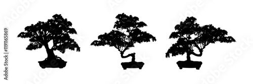 small pine tree silhouettes, silhouette of a bonsai tree in a pot - vector illustration