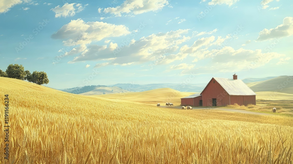 Serene Golden Wheat Field with Rustic Red Barn Under Blue Sky Serene Golden Wheat Field with Rustic Red Barn Under Blue Sky