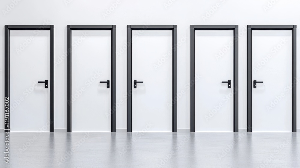 Modern Office Interior Four White Doors with Black Frames Minimalist Design