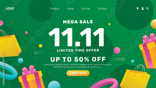 Vector of 11.11 Shopping day Poster or banner with gift box and green background.11 november sales banner template design for social media and website.