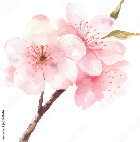 Cherry blossom flowers watercolor painting isolated on transparent background.