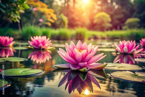 Vintage Pink Water Lilies: Serene Lake Bloom Stock Photo