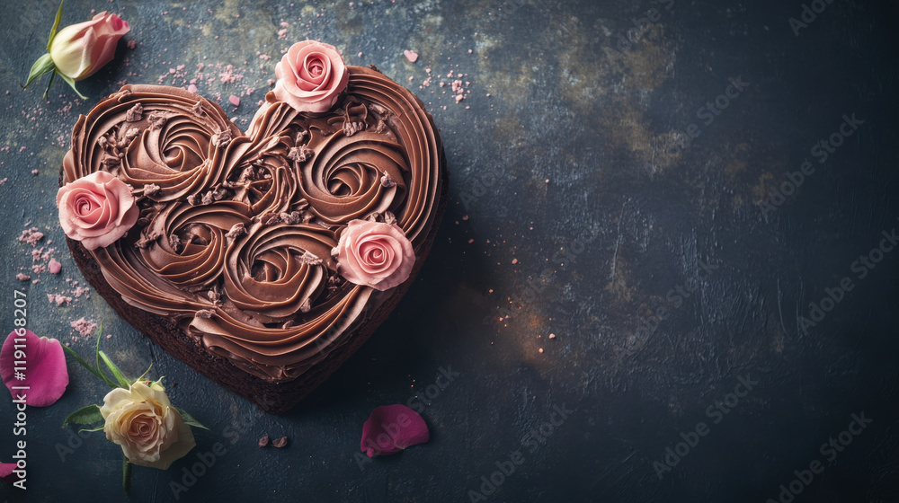 Delight in heart shaped chocolate cake adorned with intricate floral decorations, perfect for celebrations Delight in heart shaped chocolate cake adorned with intricate floral decorations, perfect for celebrations