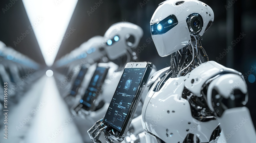 Fototapeta premium Futuristic Robots Holding Devices in High-Tech Environment