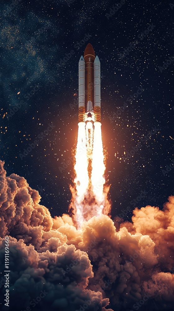 Fototapeta premium Rocket Launching into Space with Bright Flames and Cosmic Background