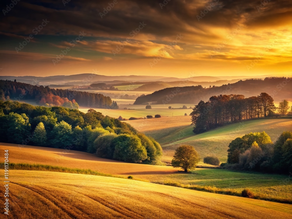 Fototapeta premium Vintage Sepia Dawn: Open Field, Rolling Hills, and Distant Forest