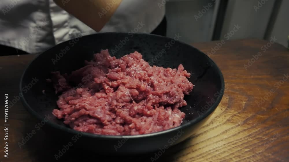Chef prepares minced meat and makes a cutlet Chef prepares minced meat and makes a cutlet