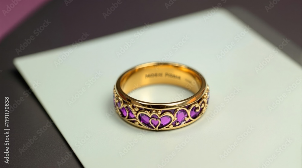 A stunning purple and gold heart-shaped ring resting elegantly on a soft gradient background A stunning purple and gold heart-shaped ring resting elegantly on a soft gradient background