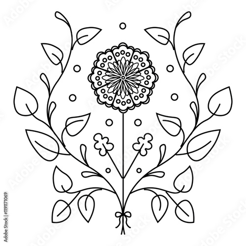 Fantasy stylized flower. Symmetrical flower on an isolated background. Vector design.  A monochrome motif on a light background, isolated element