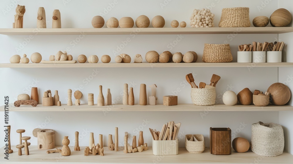 Wooden Decorative Objects and Toys on Shelves in Minimalist Display Wooden Decorative Objects and Toys on Shelves in Minimalist Display