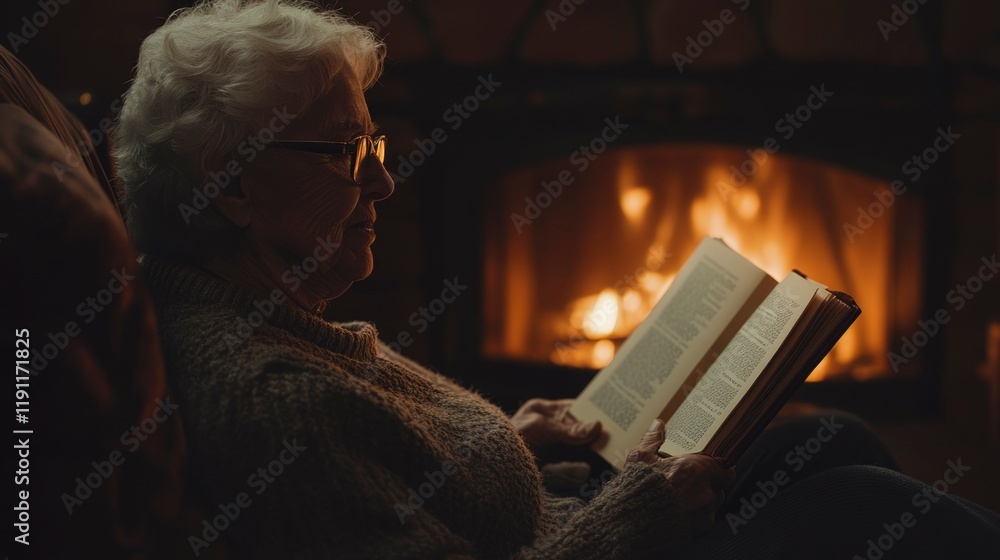 Obraz premium Elderly Woman Reading a Book by a Fireplace