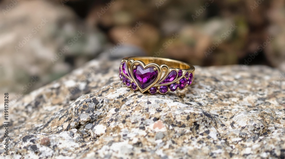 Fototapeta premium A stunning purple and gold heart-shaped ring resting elegantly on a soft gradient background