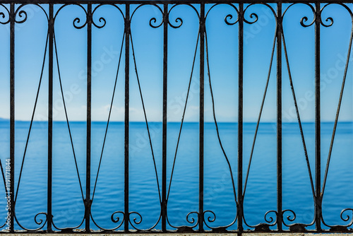 balustrade in Kavala Griechenland vor dem blauen Mittelmeer photo