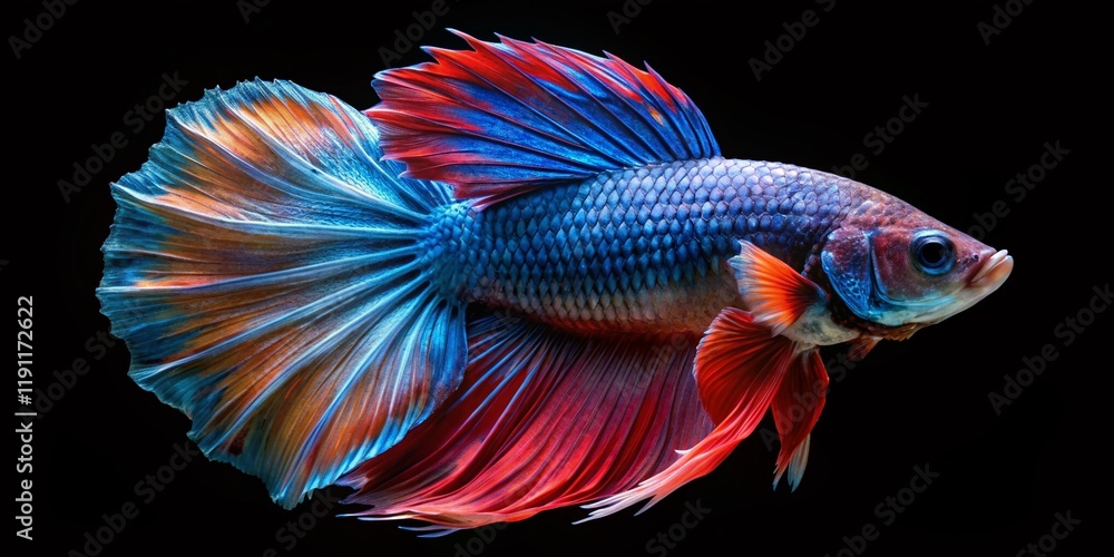 Fototapeta premium Vintage Style Betta Fish Photography: Isolated Male Siamese Fighting Fish on Black Background