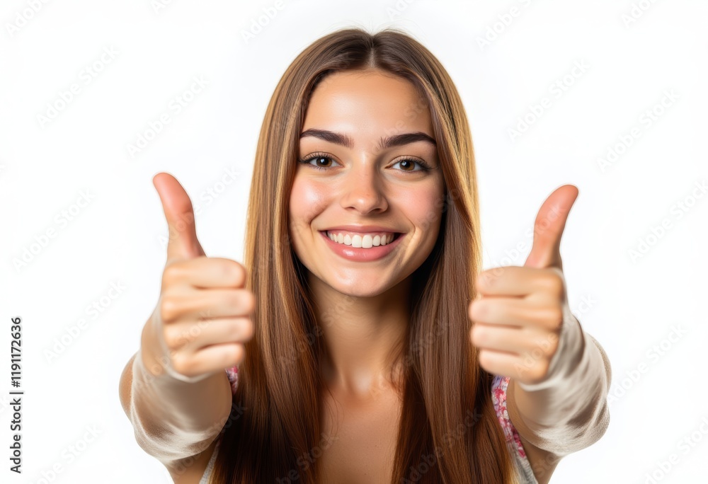 Person with brown hair giving two thumbs up on white background Person with brown hair giving two thumbs up on white background