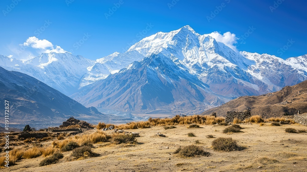 Majestic Snow-Capped Mountains Under Clear Blue Sky in Nature Majestic Snow-Capped Mountains Under Clear Blue Sky in Nature