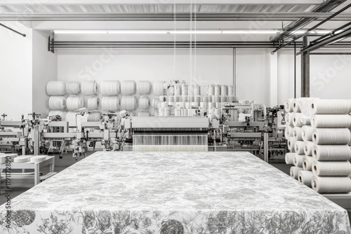 Textile Factory Interior Featuring Looms and Fabric Rolls in a Production Setting photo